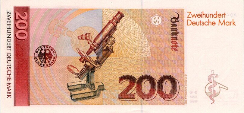 akzeptierte 200 DM-Schein, Rückseite, Vierte Serie Persönlichkeitsserie BBk III (1990)